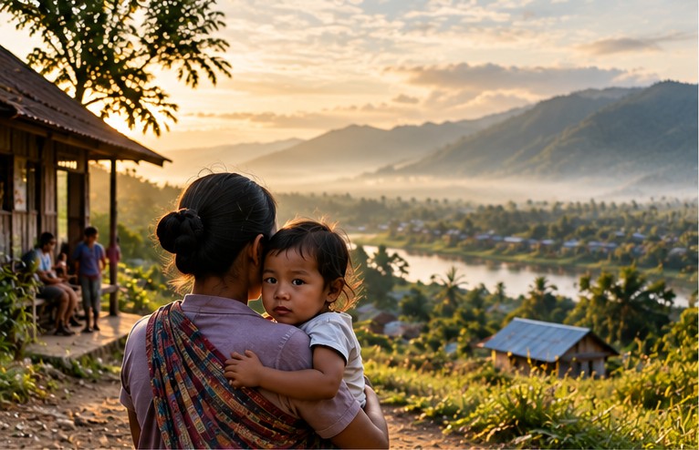 Mother holding a child in a remote hillside village at sunrise