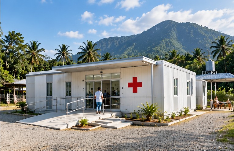 Prefabricated clinic with a red cross in a tropical mountain setting