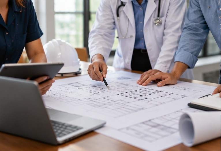 Project team reviewing healthcare facility floor plans