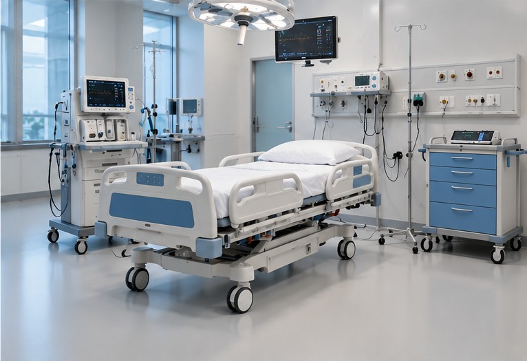 Equipped patient room with hospital bed and monitors