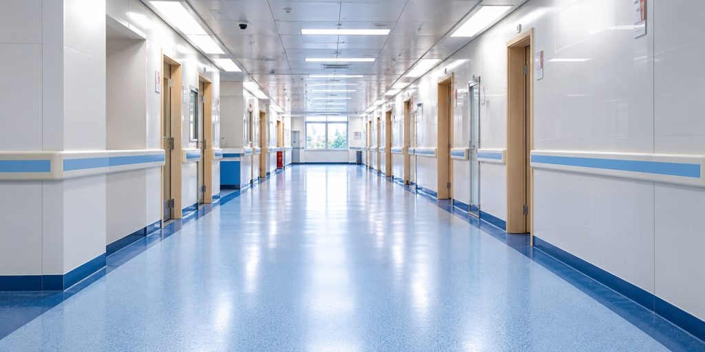 Antibacterial vinyl flooring in a hospital corridor