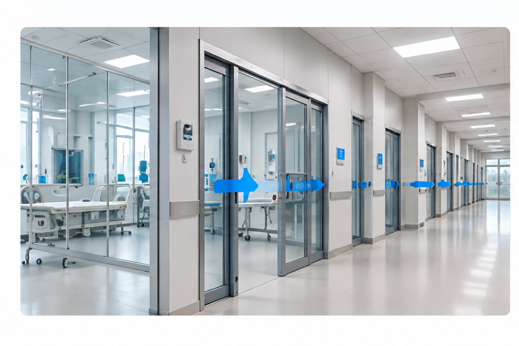 Isolation rooms integrated into a hospital corridor