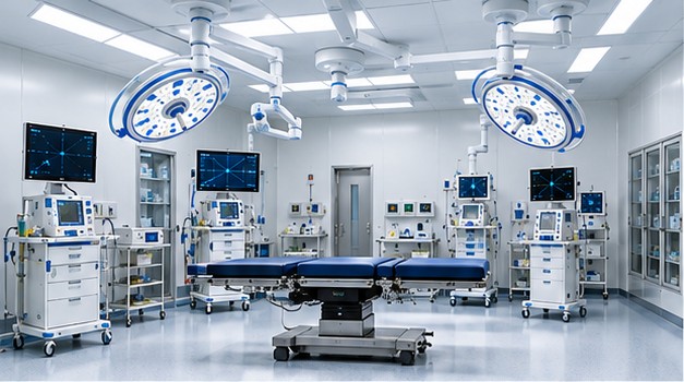 Modular operating theatre with surgical lights and equipment