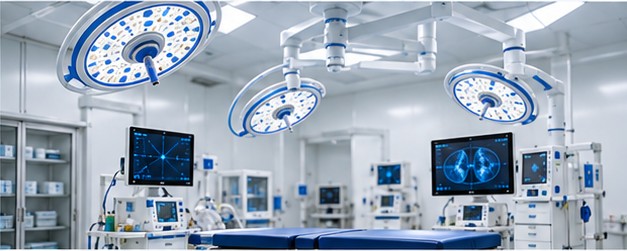 Operating theatre with surgical lights and monitors