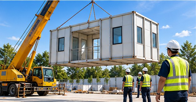 Prefabricated module being lifted into place by crane