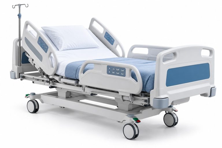 Electric hospital bed with side rails and IV pole